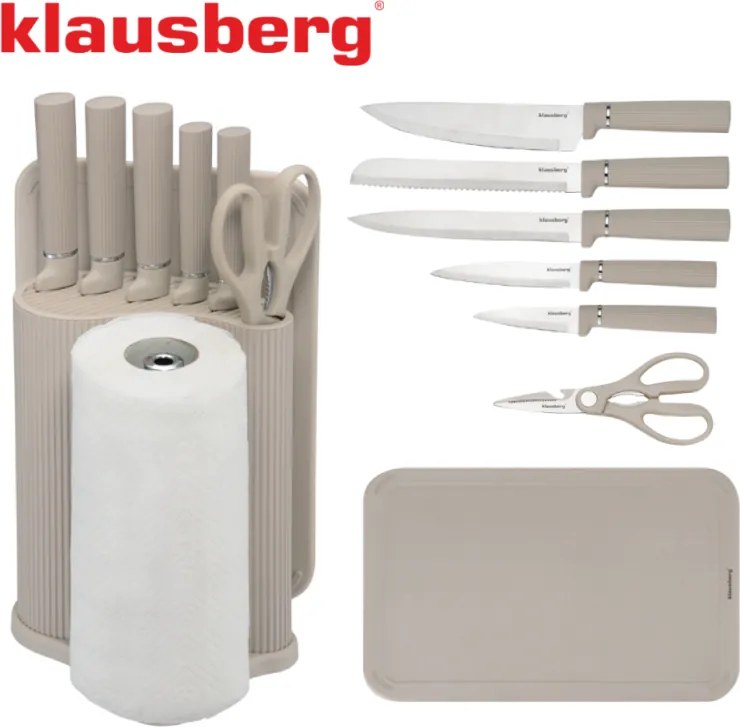 Комплект ножове Klausberg KB 7978, 8 части, Неръждаема стомана, Стойка, Държач за кухненска хартия, Бежов