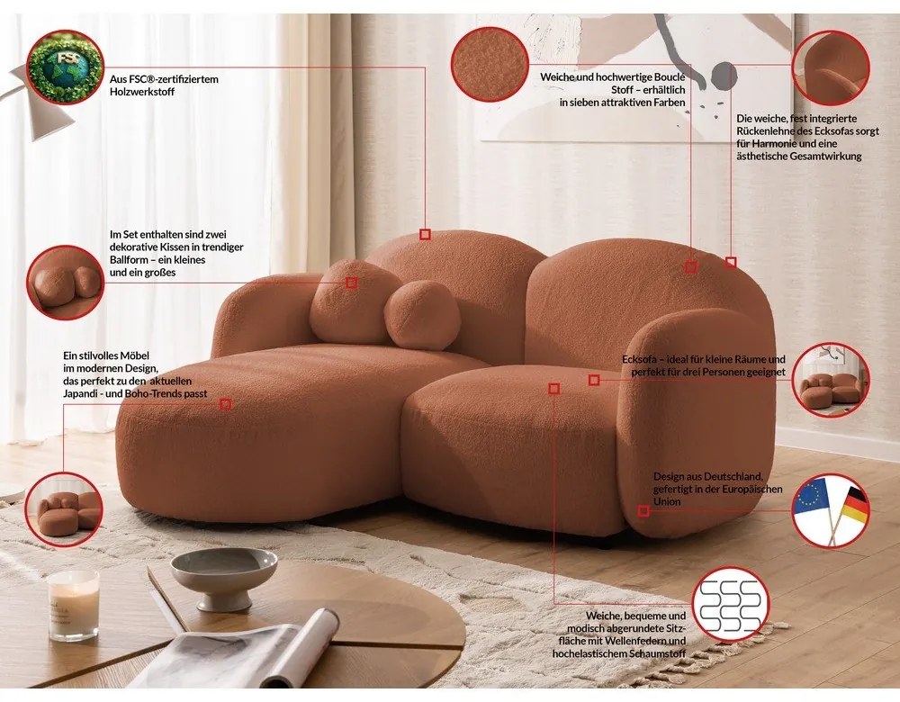 Теракотен ъглов диван от букле (ляв ъгъл) Orbit – Ropez