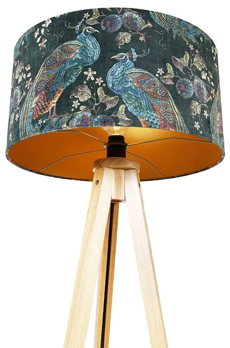 Модерна подова лампа дърво платнен абажур черен паун 50 см - Tripod Classic