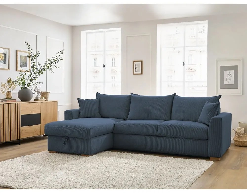 Тъмносин разтегателен ъглов диван от рипсено кадифе (променлив) Augustin – Bobochic Paris