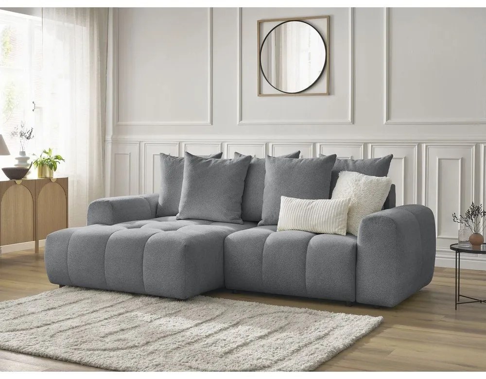 Сив шенилов разтегателен ъглов диван с място за съхранение (ляв ъгъл) Roxelane – Bobochic Paris