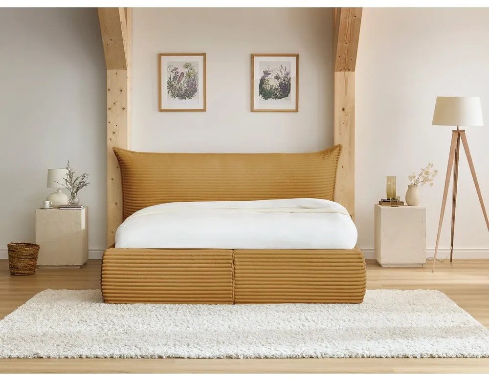 Жълто двойно тапицирано легло с място за съхранение с включена подматрачна рамка 180x200 cm Jade – Bobochic Paris