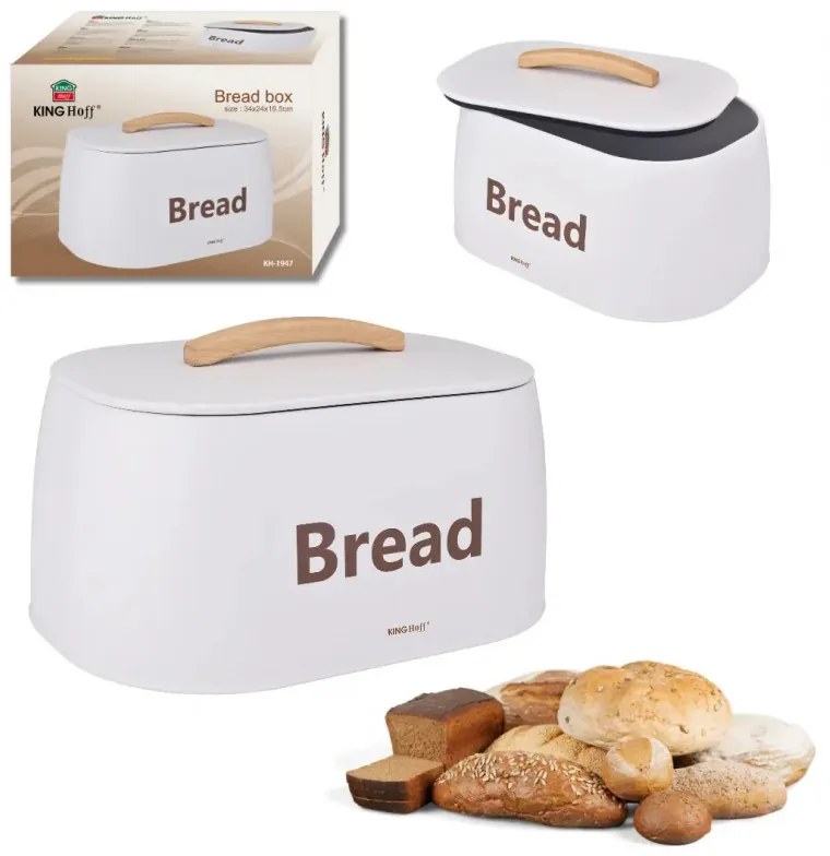 Кутия за хляб Kinghoff KH 1947, 35 см, Метално тяло, Дървена дръжка, Бял