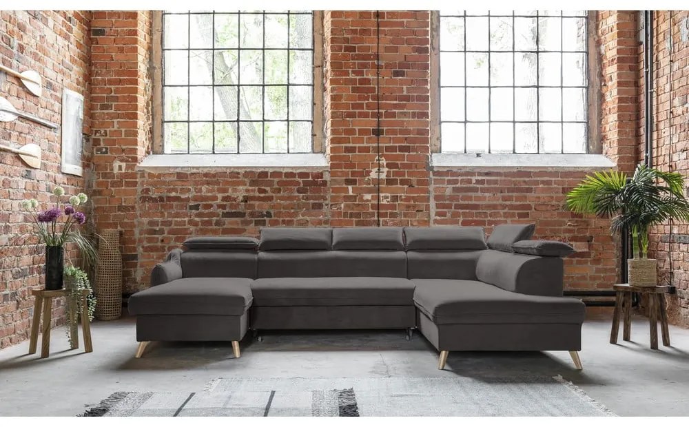 Тъмносив кадифен U-образен ъглов диван (десен ъгъл) Sweet Harmony - Miuform