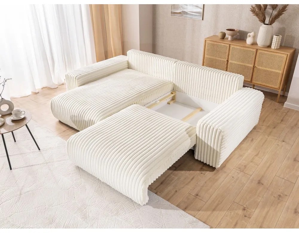 Кремав разтегателен ъглов диван от рипсено кадифе с място за съхранение (ляв ъгъл) Sarina – Ropez