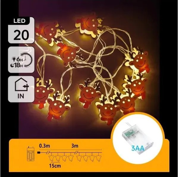 Aigostar - LED гирлянда 20xLED/3xAA 3m топла бяла елен