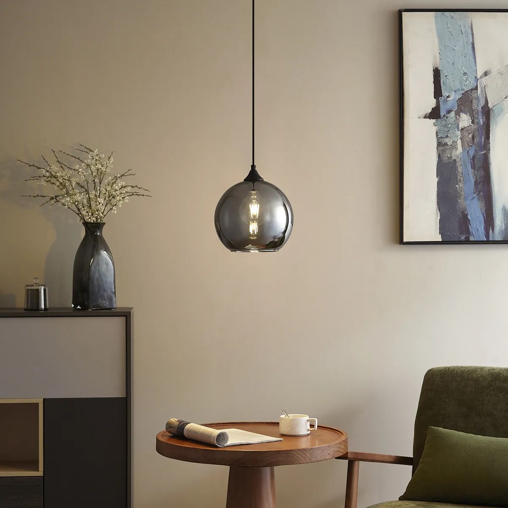 Арт Деко висяща лампа черна с димно стъкло - Wallace