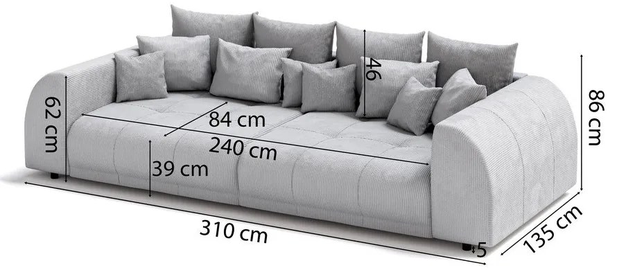 Тъмносив диван от рипсено кадифе 310 cm Vanessa – Ropez