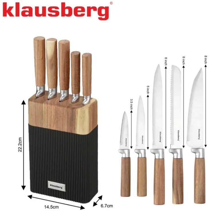 Комплект ножове Klausberg KB 7981, 6 части, Неръждаема стомана, Стойка, Кафяв/графит