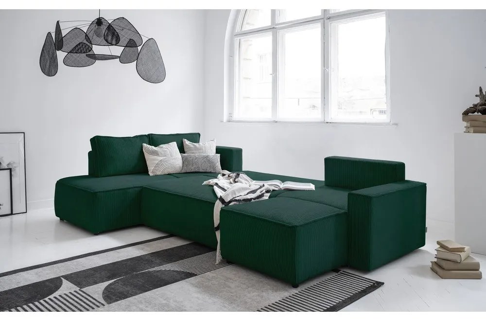 Тъмнозелен разтегателен ъглов диван от рипсено кадифе (ляв ъгъл/"U" форма) Brave Dave – Miuform