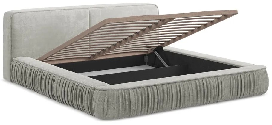 Светлосиво тапицирано двойно легло с място за съхранение и решетка 160x200 cm Keoni - Makamii