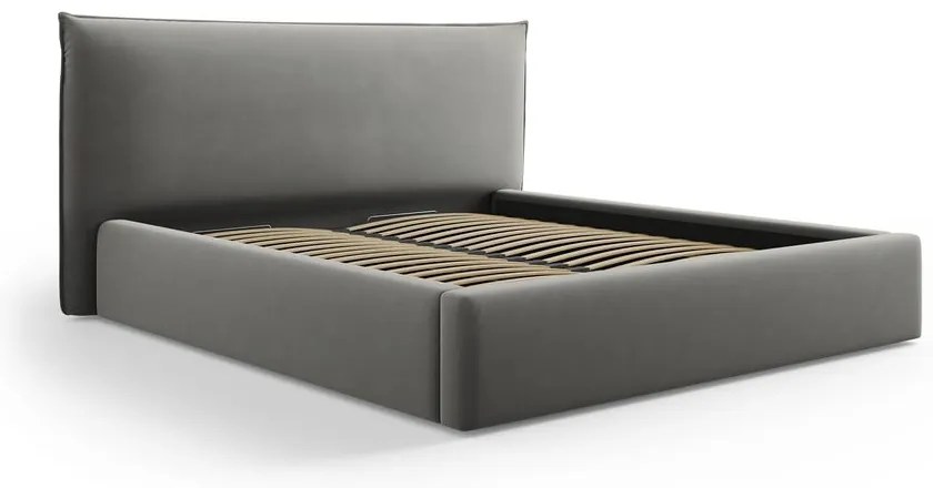 Сиво двойно тапицирано легло с място за съхранение с включена подматрачна рамка 160x200 cm Elio – Milo Casa