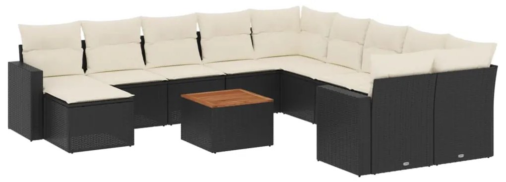 3256749 vidaXL Градински диван с възглавници, 12 части, черен, полиратан