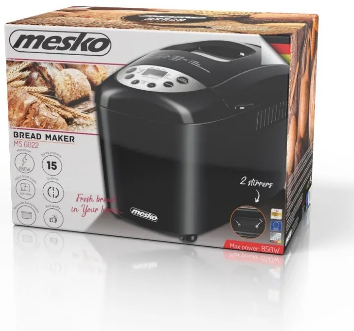 Хлебопекарна Mesko MS 6022, 1/1.5 кг, 850 W, 15 програми, LCD Дисплей, Двойна бъркалка, Подвижна кошница, Черен