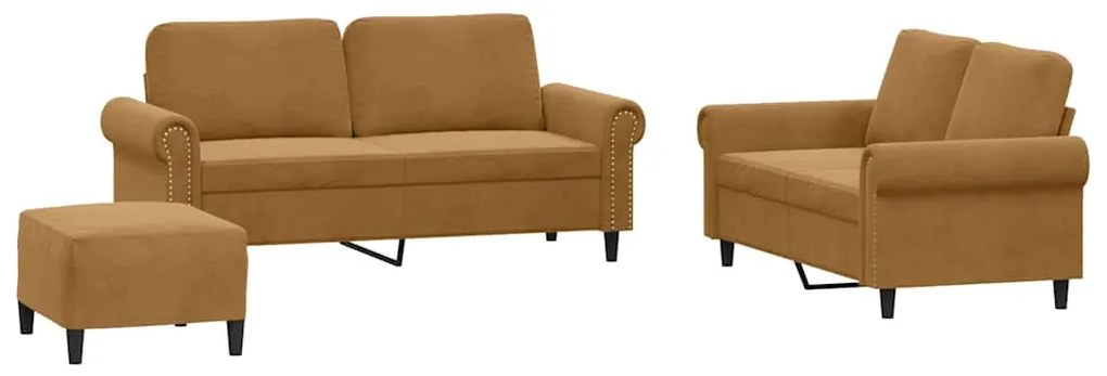 3202227 vidaXL Комплект дивани от 3 части с възглавници, кафяв, кадифе