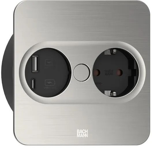 BACHMANN Модул TWIST 2 КВАДРАТЕН с 1х Шуко и USB тип A+C, с кабел 2м, цвят Инокс,  - B946.005