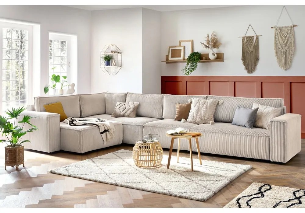 Кремав ъглов диван от велур, ляв ъгъл Nihad modular - Bobochic Paris