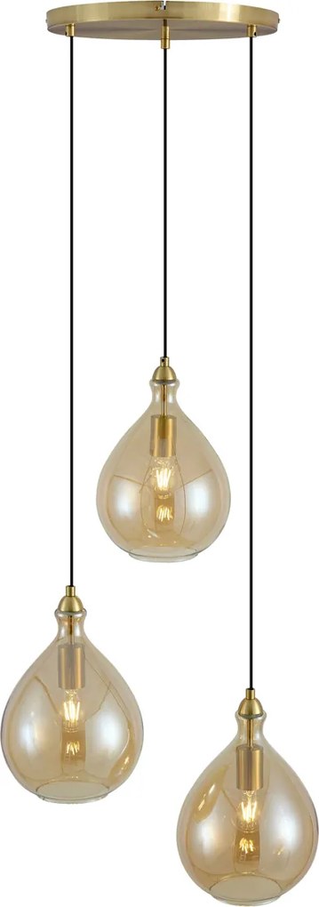 Smart hanglamp goud met amber glas 3-lichts incl. Wifi A60 - Traditional