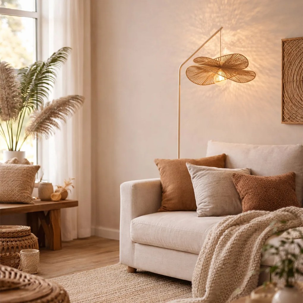 Арт Деко подова лампа бежова с бежов абажур - Nest