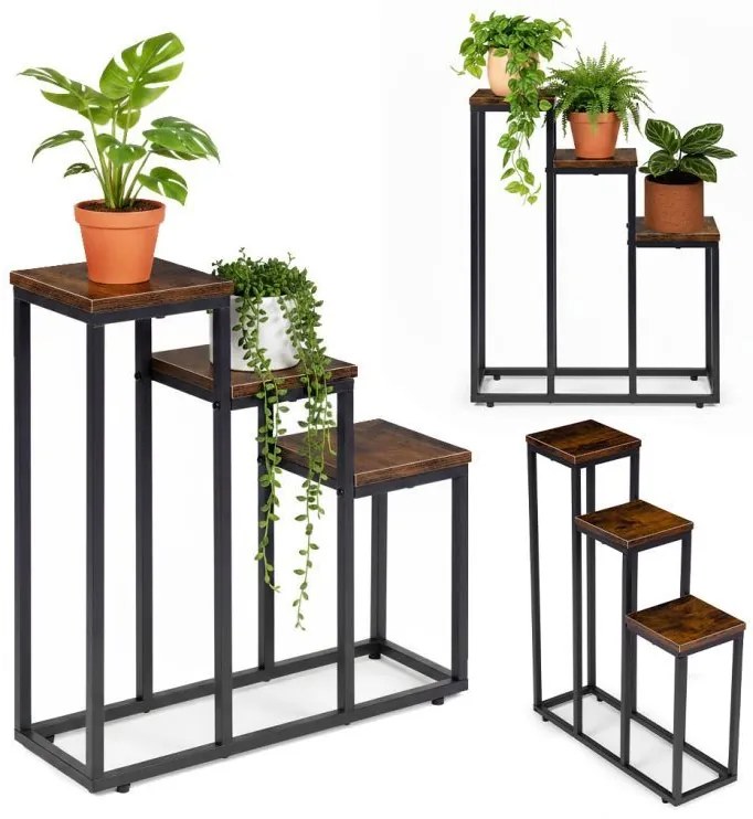 Стойка за цветя на тавана - 3-етажна метална стойка с дървени рафтове