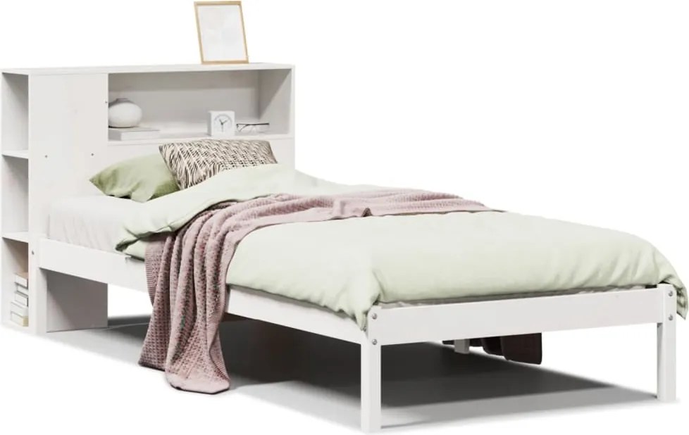 3321560 vidaXL Легло с рафтове за книги, без матрак, бял, 75x190 см, бор масив