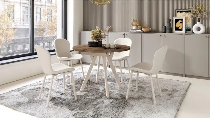 АЛМО Елегантен Орех/бежови крака - КРЪГЛА РАЗТЕГАТЕЛНА МАСА С Y-ОБРАЗНИ КРАКА В ЛОФТ/ИНДУСТРИАЛЕН СТИЛ ЗА ХОЛ ИЛИ ТРАПЕЗАРИЯ