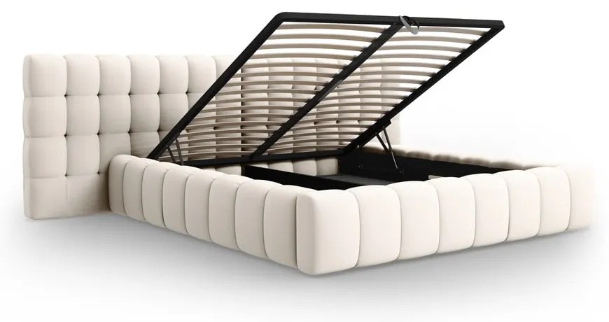 Кремаво тапицирано двойно легло с място за съхранение с включена подматрачна рамка 160x200 cm Mamaia – Micadoni Home