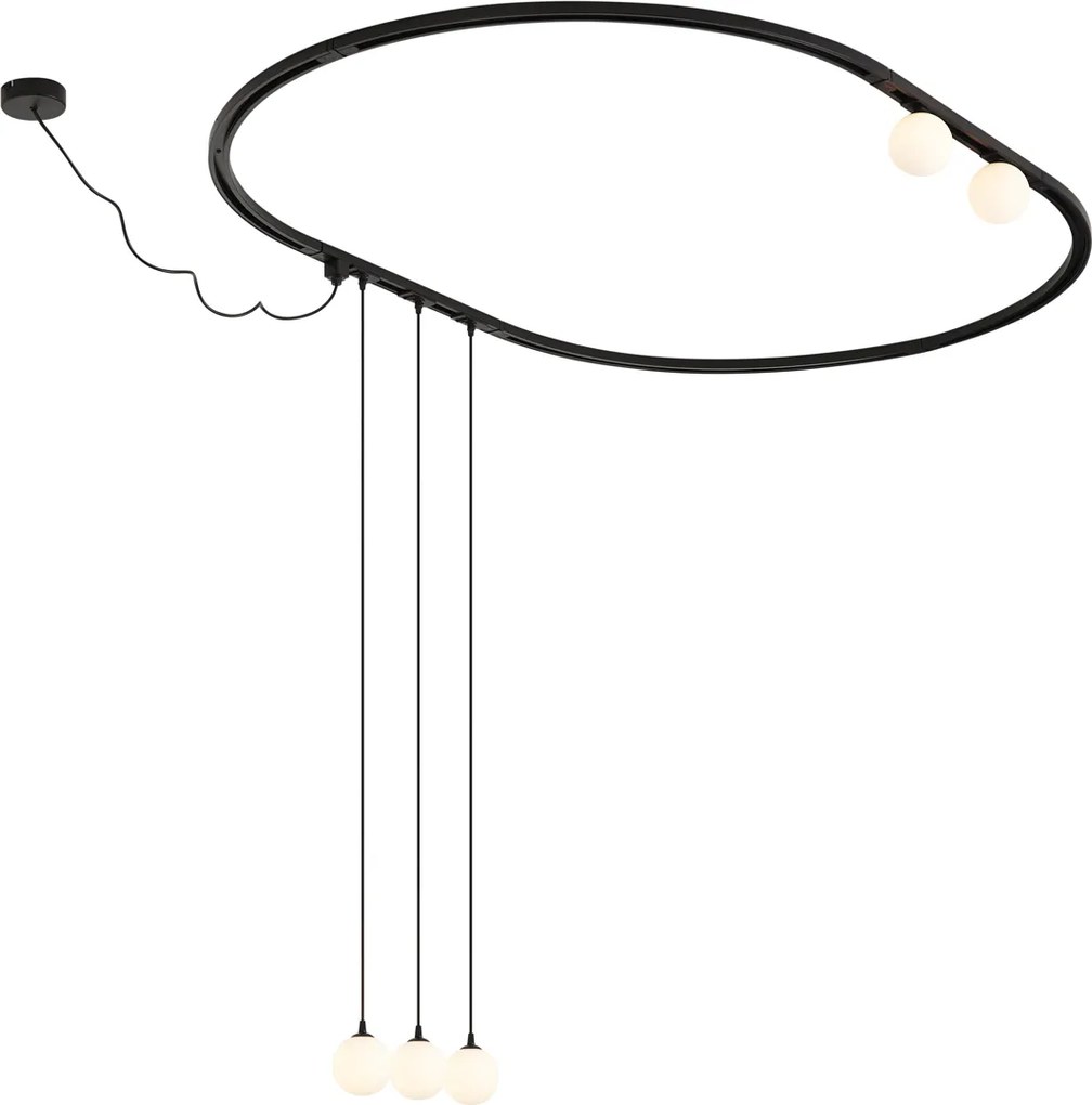 Modern ovaal railsysteem zwart met 3 hanglampen en 2 plafondlampen wit 1-fase - Iconic Perle