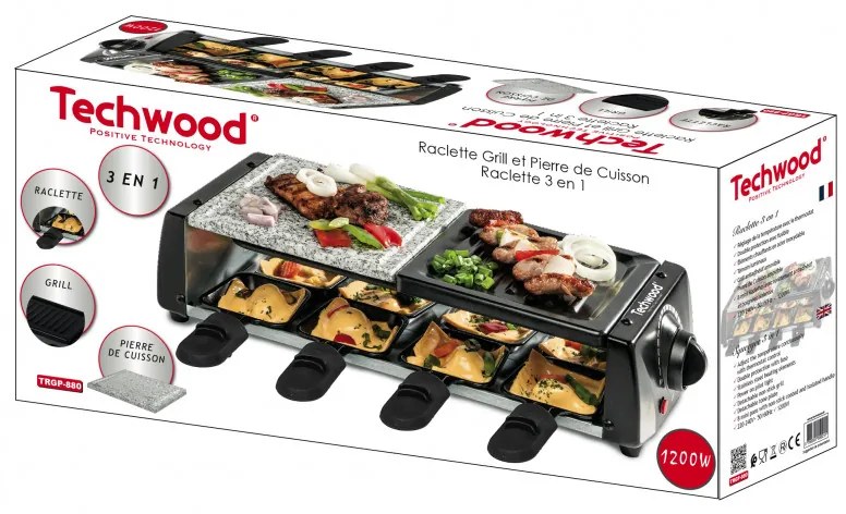 Раклет и грил Techwood TRGP-896, 1200W, Термостат, 8 мини раклета, Двойна защита, Черен