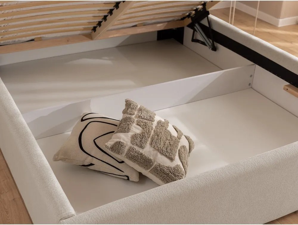 Бежово тапицирано двойно легло с място за съхранение и включена подматрачна рамка 160x200 cm Cille – Ropez