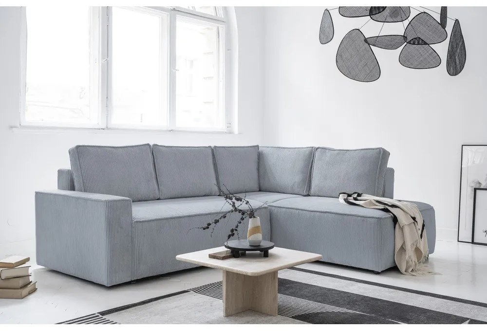 Светлосив разтегателен ъглов диван от рипсено кадифе (десен ъгъл) Brave Dave – Miuform