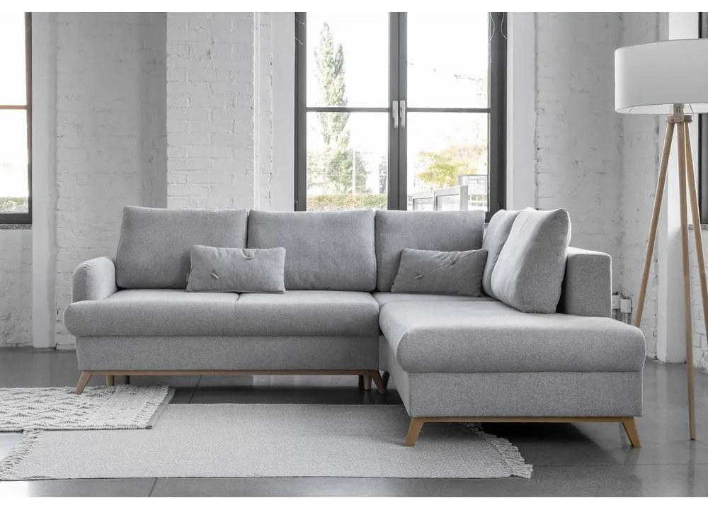 Светлосив разтегателен/с място за съхранение ъглов диван (десен ъгъл/L форма) Scandic Lagom – Miuform