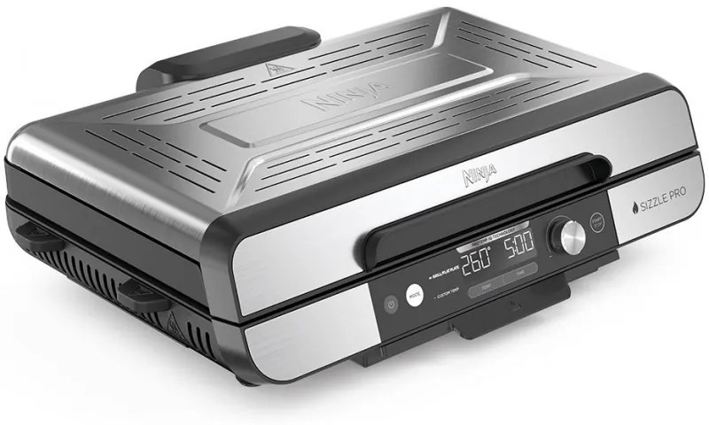 Електрически грил Ninja Sizzle Pro XL GX101EU, 1800W, 120°-260°C, 2 керамични плочи, 10 бургера, ProTemp IQ, Сваляем капак, Черен/инокс