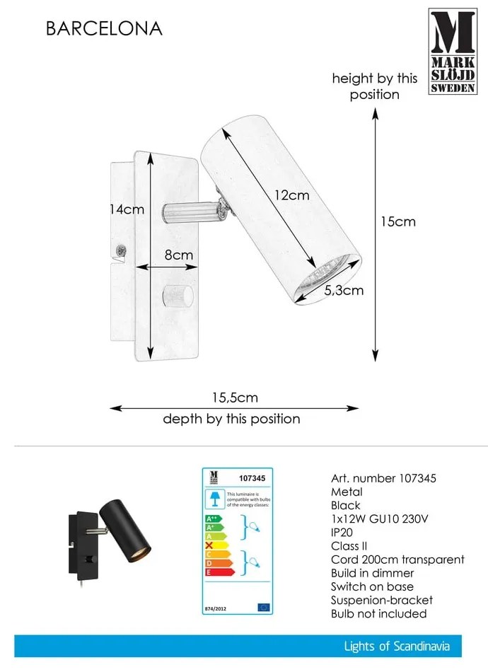 Черна стенна лампа Barcelona - Markslöjd