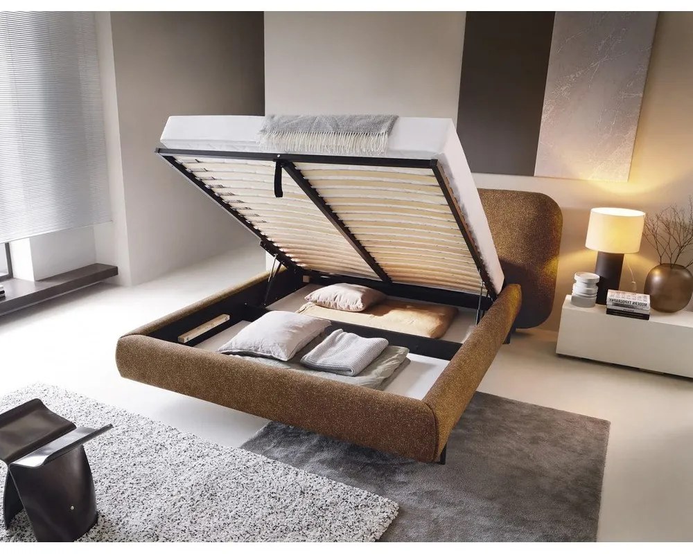 Двойно легло тапицирано с място за съхранение и включена подматрачна рамка в цвят жълта охра 180x200 cm Pointt – ELTAP