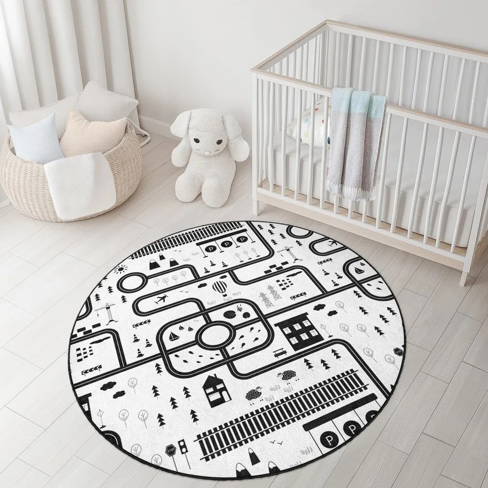 Черно-бял детско килимче за игра подходящо за пране ø100 cm In My Town – Mila Home