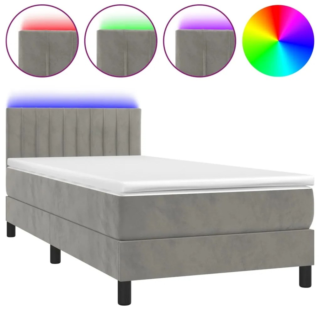 3134495 vidaXL Боксспринг легло с матрак и LED, светлосиво, 90x190 см, кадифе