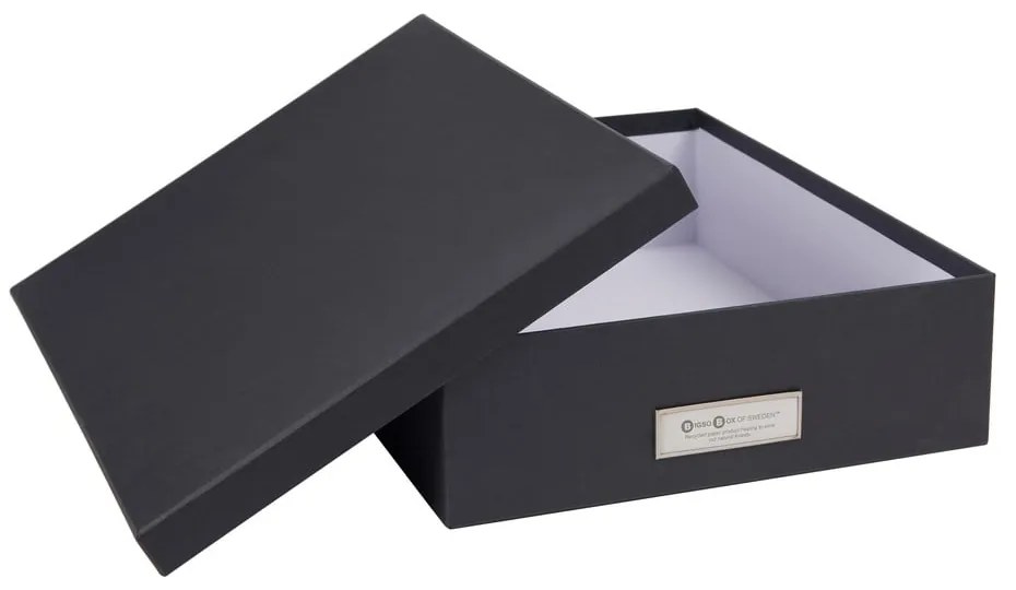 Тъмно сива кутия за съхранение с етикет за име за документи, размер A4 Oskar - Bigso Box of Sweden