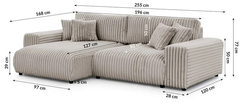 Светлосив разтегателен ъглов диван от рипсено кадифе с място за съхранение (ляв ъгъл) Sarina – Ropez