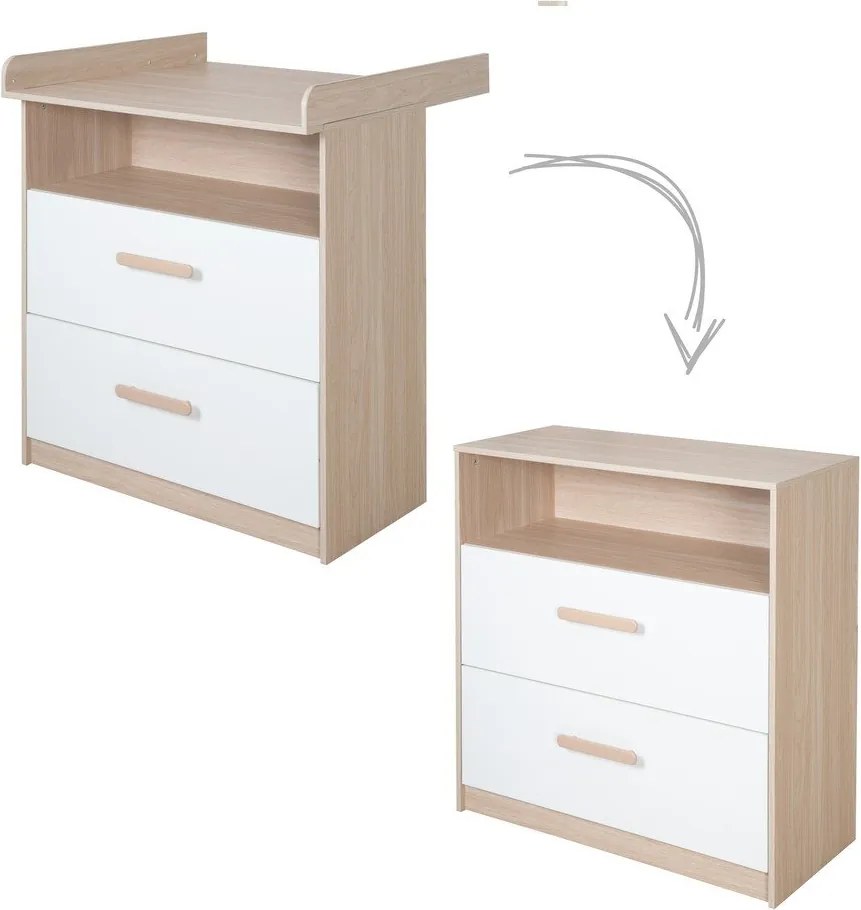 Детски скрин в дъбов декор с маса за преповиване в бял и естествен цвят 88x98x75 cm Cabane – Roba