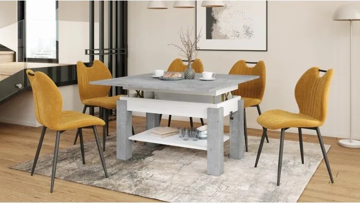 БРАВО Милениум Бетон/Бял - РАЗТЕГАТЕЛНА ХОЛНА МАСА С ПОВДИГАЩ МЕХАНИЗЪМ И С РАФТ