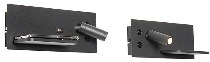Комплект от 2 стенни лампи черни с LED с USB и индукционно зарядно - Riza
