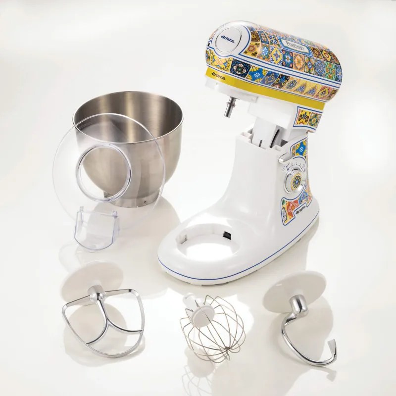 Планетарен миксер Ariete Positano 1588/0P, 2400W, 5.5 л, 7 скорости, Пулс, Ретро дизайн, Аксесоари, Бял/Жълт