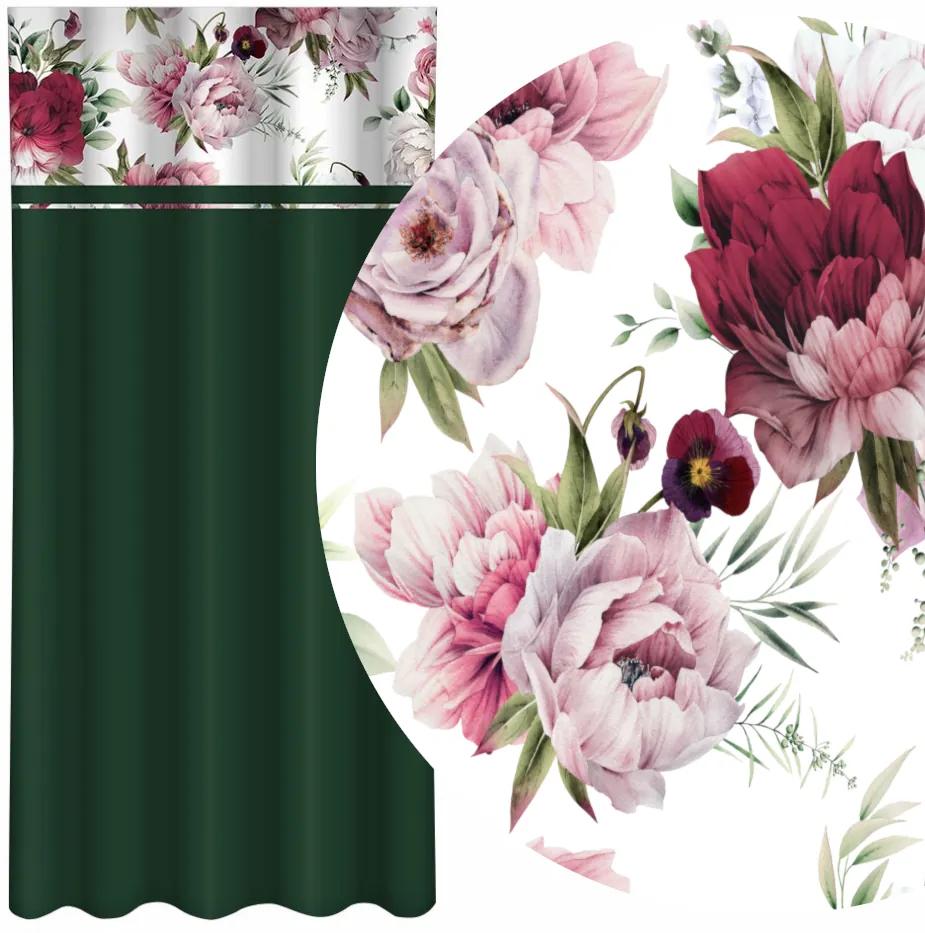 Обикновена тъмнозелена завеса с принт на розови и бордови божури Ширина: 160 см | Дължина: 250 см