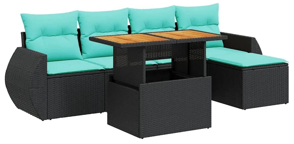 3327249 vidaXL Градински диван с възглавници, 6 части, черен, полиратан