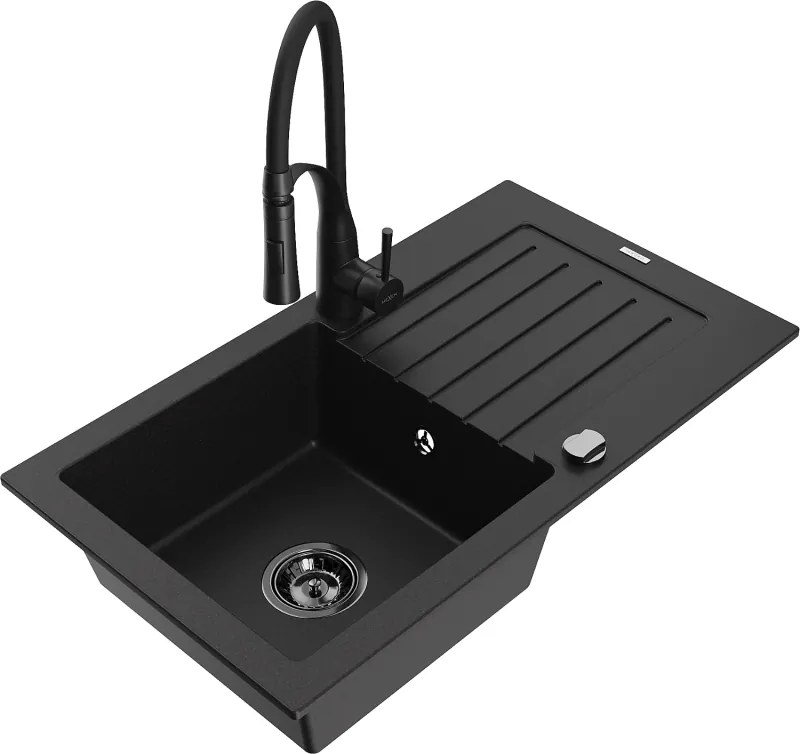 Mexen Pablo гранитна кухненска мивка с 1 гнездо, сушилник и кухненски смесител Aster, черен - 6510-77-73450-70-B