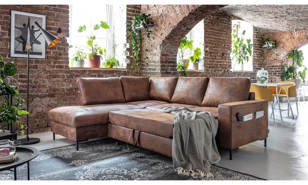 Кафяв разтегателен ъглов диван от изкуствена кожа (ляв ъгъл) Lofty Lilly – Miuform