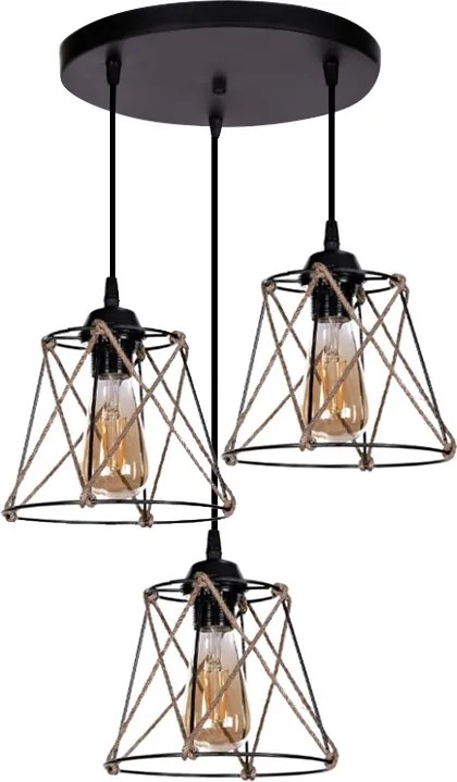 Cesa E27 metallic - rope ceiling three-light in black color 45x40x70см.