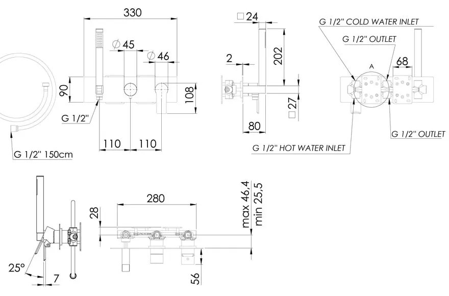 Матово-черна вградена душ батерия (3 изхода) Pax – Sapho