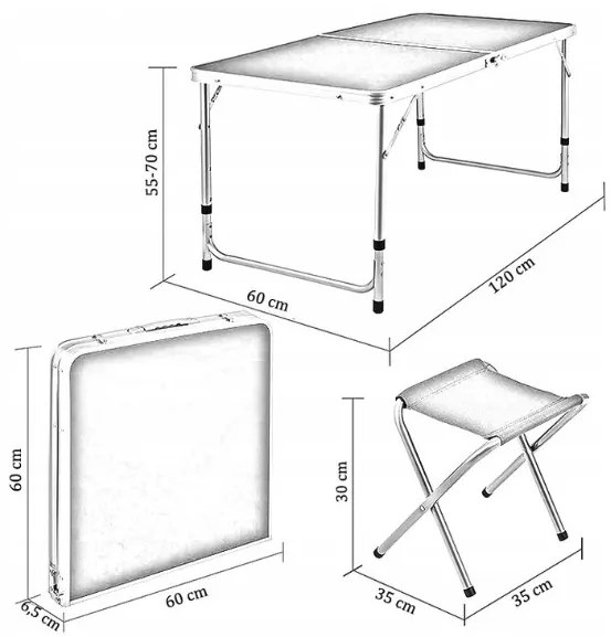 Къмпинг маса с 4 стола в бяло 120x60x70 cm